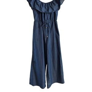 Blue Ruffle Neckline Jumpsuit with Adjustable Waist